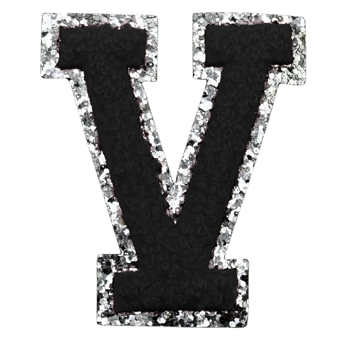 V Chenille Letter Iron On Patch Silver (Medium)