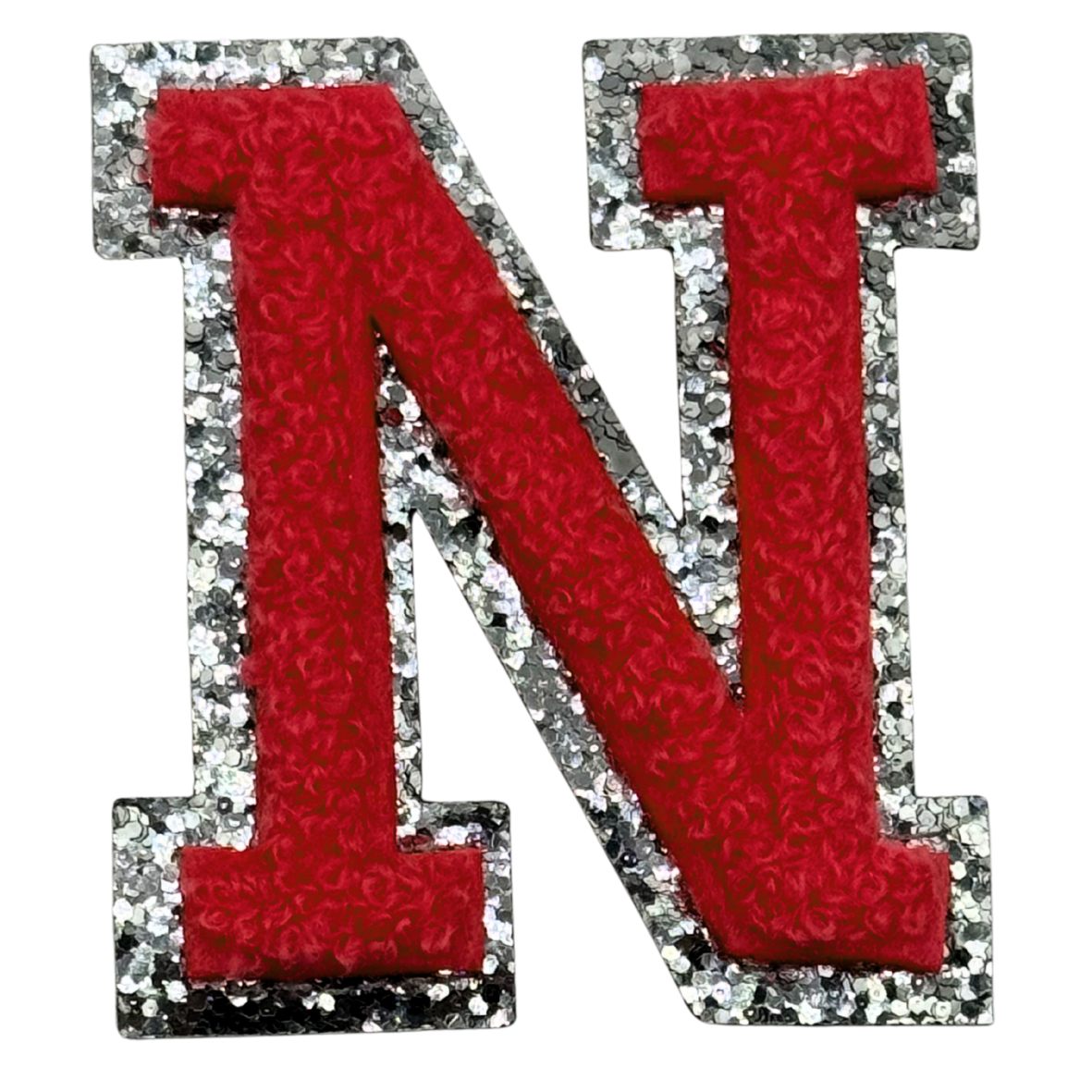 N Chenille Letter Iron On Patch Silver (Medium)