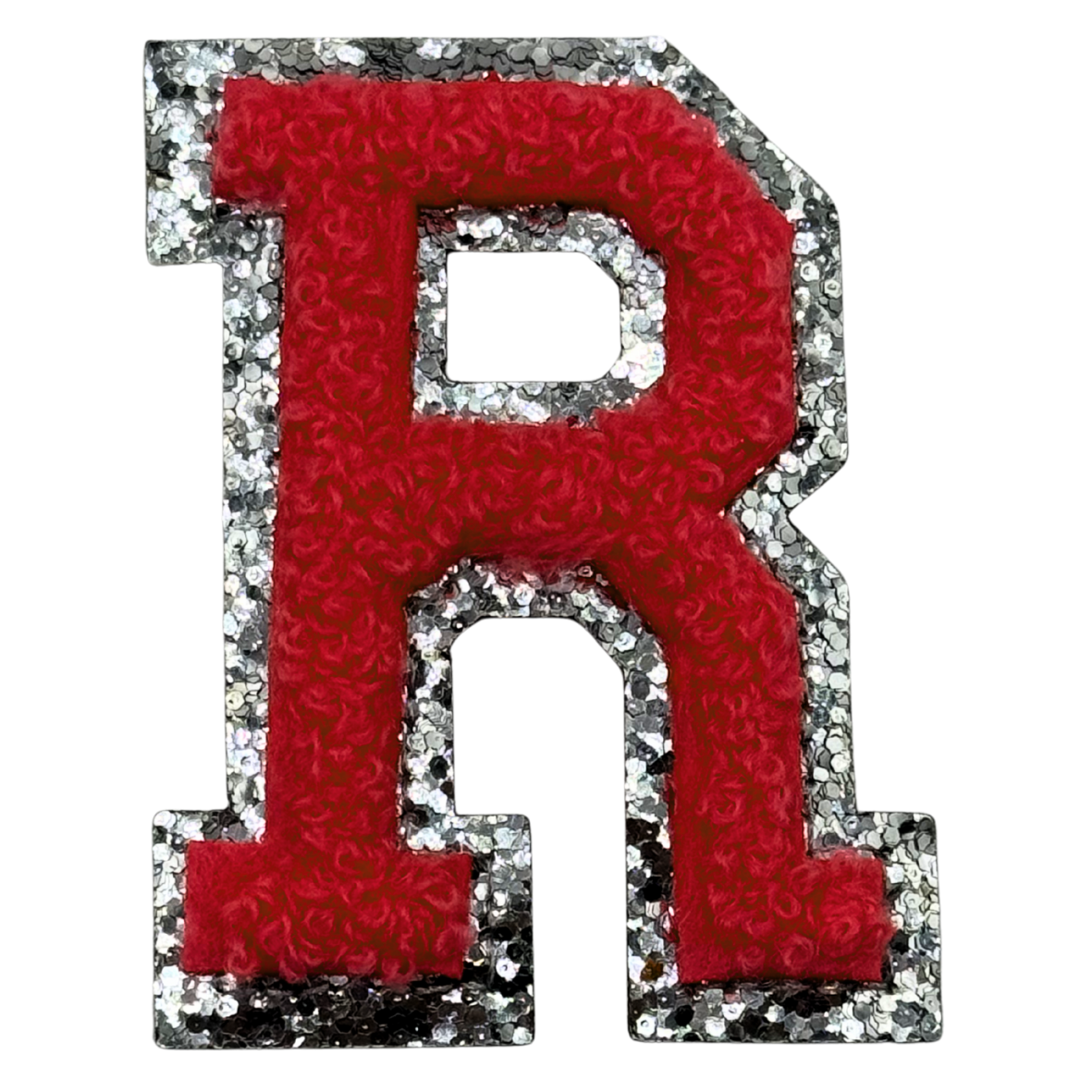 R Chenille Letter Iron On Patch Silver (Medium)