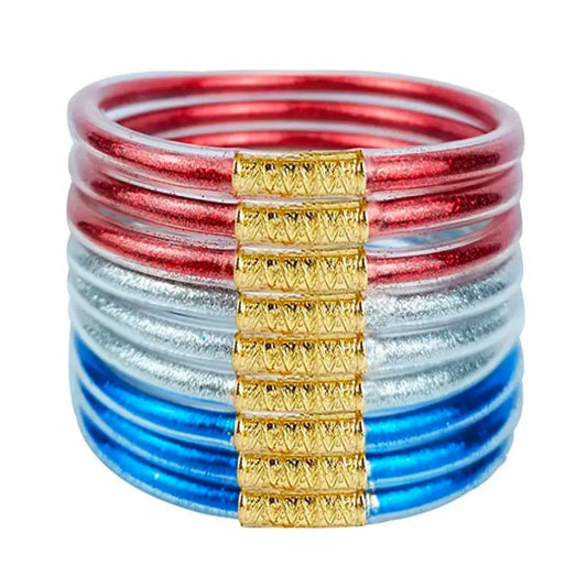 Red, Silver, & Blue Buddha Bangles (9)
