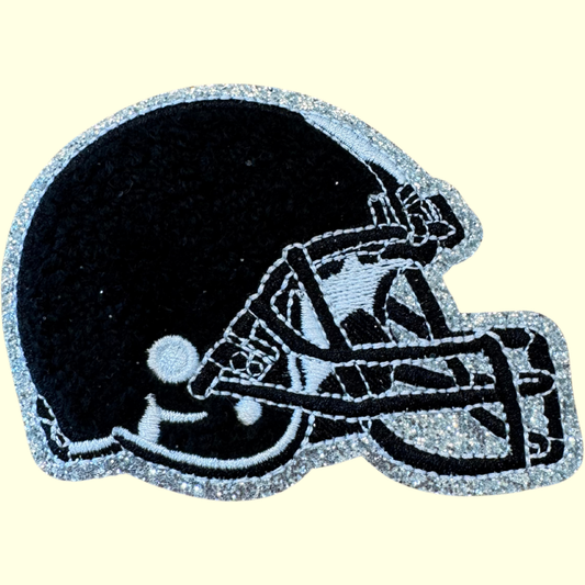 Black Football Helmet Trimmed in Silver Chenille