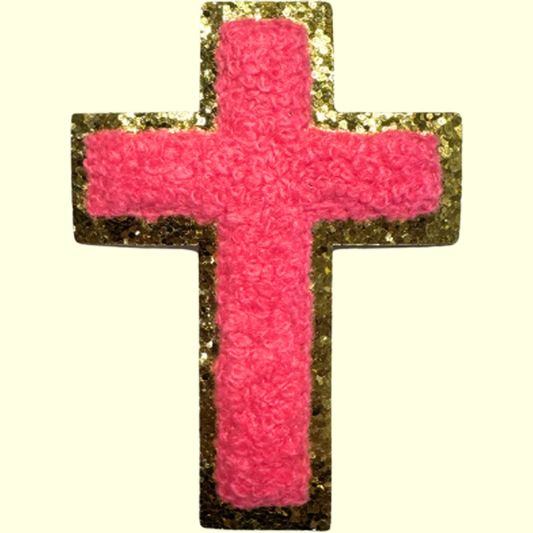 Bubble Gum Pink Cross w Gold Chenille