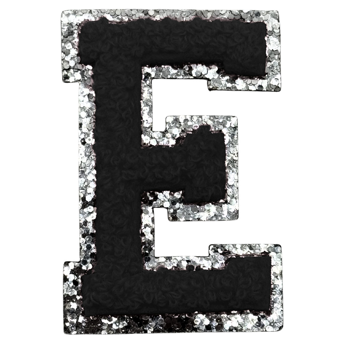 E Chenille Letter Iron On Patch Silver (Medium)
