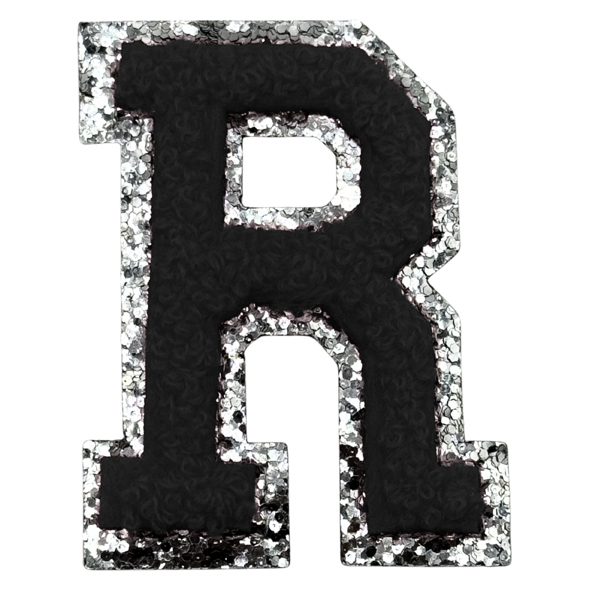 R Chenille Letter Iron On Patch Silver (Medium)