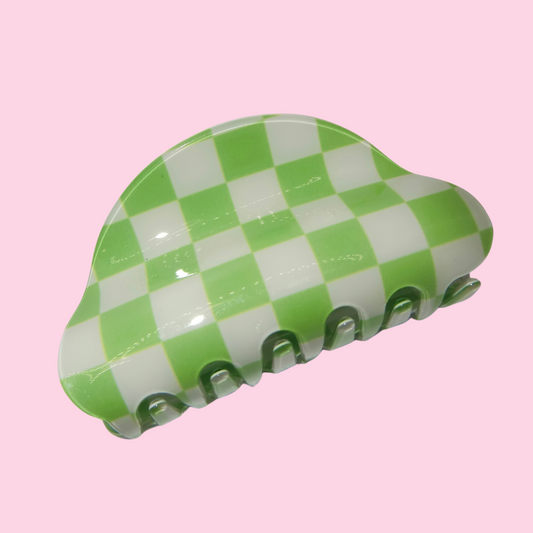 Green and White Checkered Cloud Claw Clip