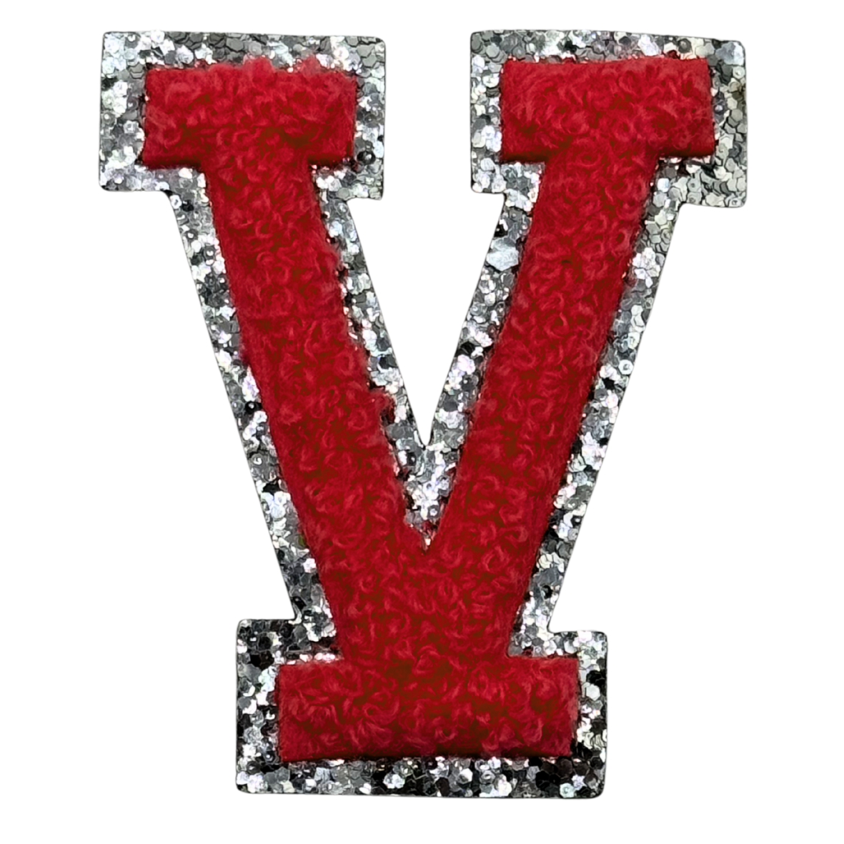 V Chenille Letter Iron On Patch Silver (Medium)