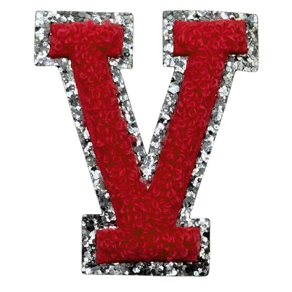 V Chenille Letter Iron On Patch Silver (Medium)