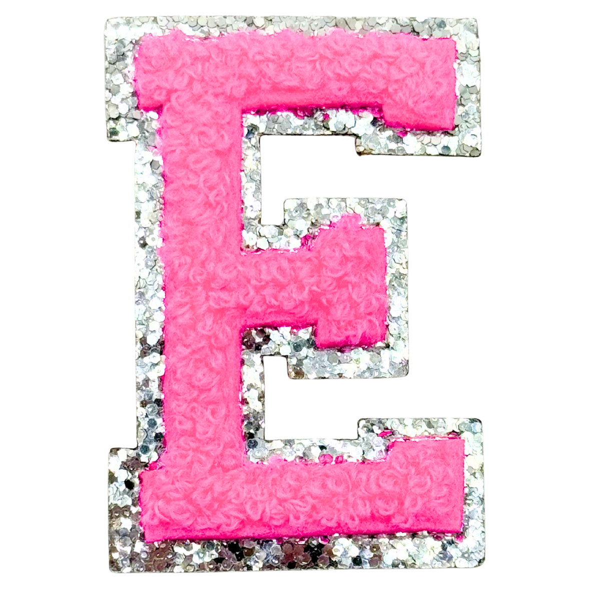 E Chenille Letter Iron On Patch Silver (Medium)