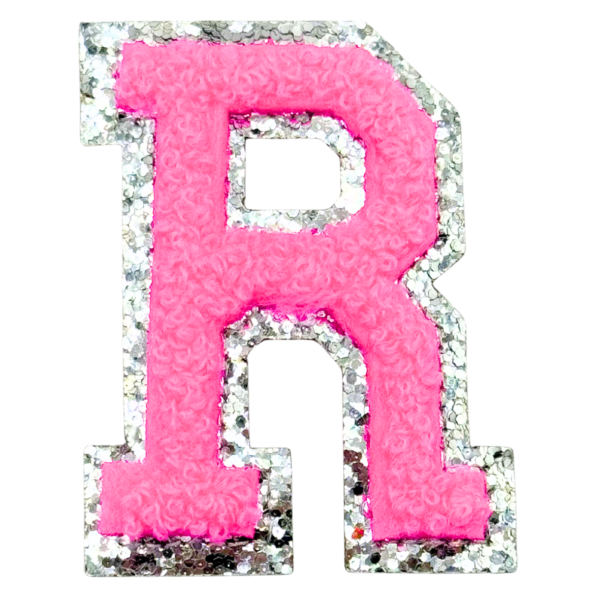 R Chenille Letter Iron On Patch Silver (Medium)