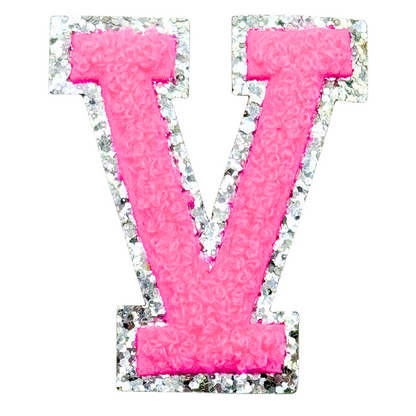 V Chenille Letter Iron On Patch Silver (Medium)