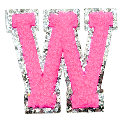 W Chenille Letter Iron On Patch Silver (Medium)