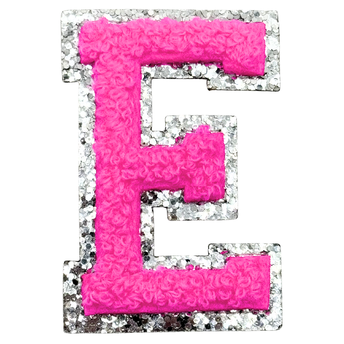 E Chenille Letter Iron On Patch Silver (Medium)