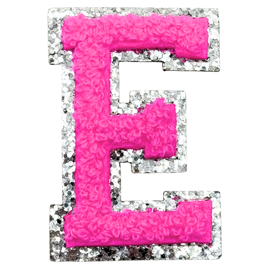 E Chenille Letter Iron On Patch Silver (Medium)