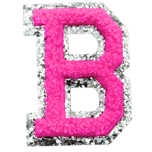 B Chenille Letter Iron On Patch Silver (Medium)