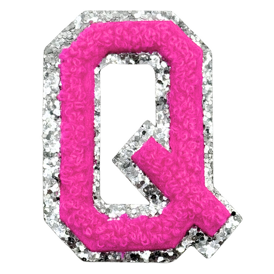 Q Chenille Letter Iron On Patch Silver (Medium)