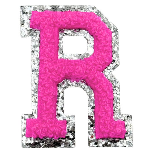 R Chenille Letter Iron On Patch Silver (Medium)
