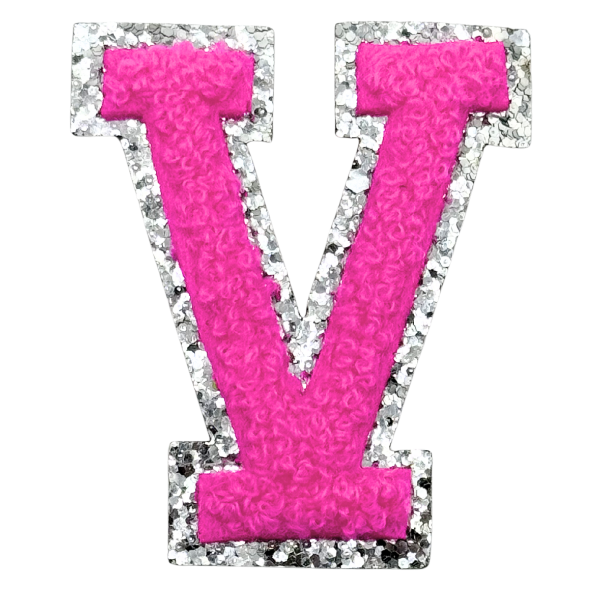 V Chenille Letter Iron On Patch Silver (Medium)
