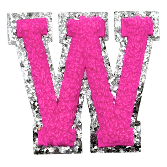 W Chenille Letter Iron On Patch Silver (Medium)